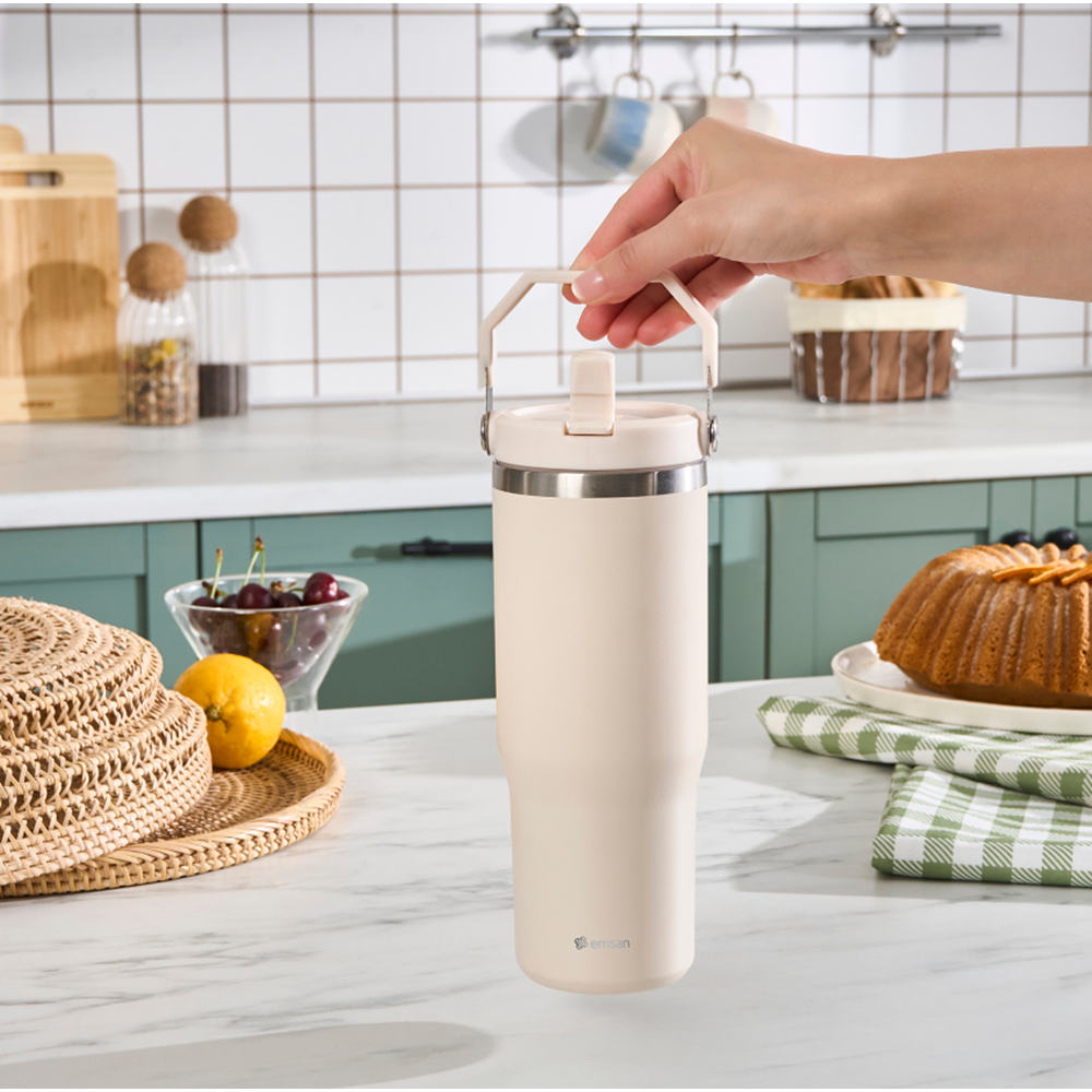EMSAN STAR ICE PİPETLİ ÇELİK TERMOS 900 ML, KREM